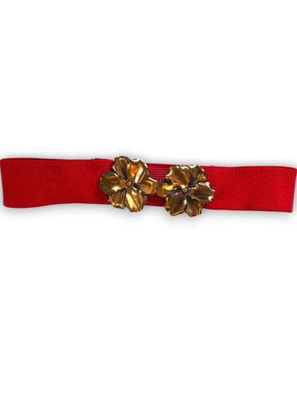 Vintage Red Elastic Cinch Belt Gold Tone Twin Floral Brass Buckles 27 to 36 Inch